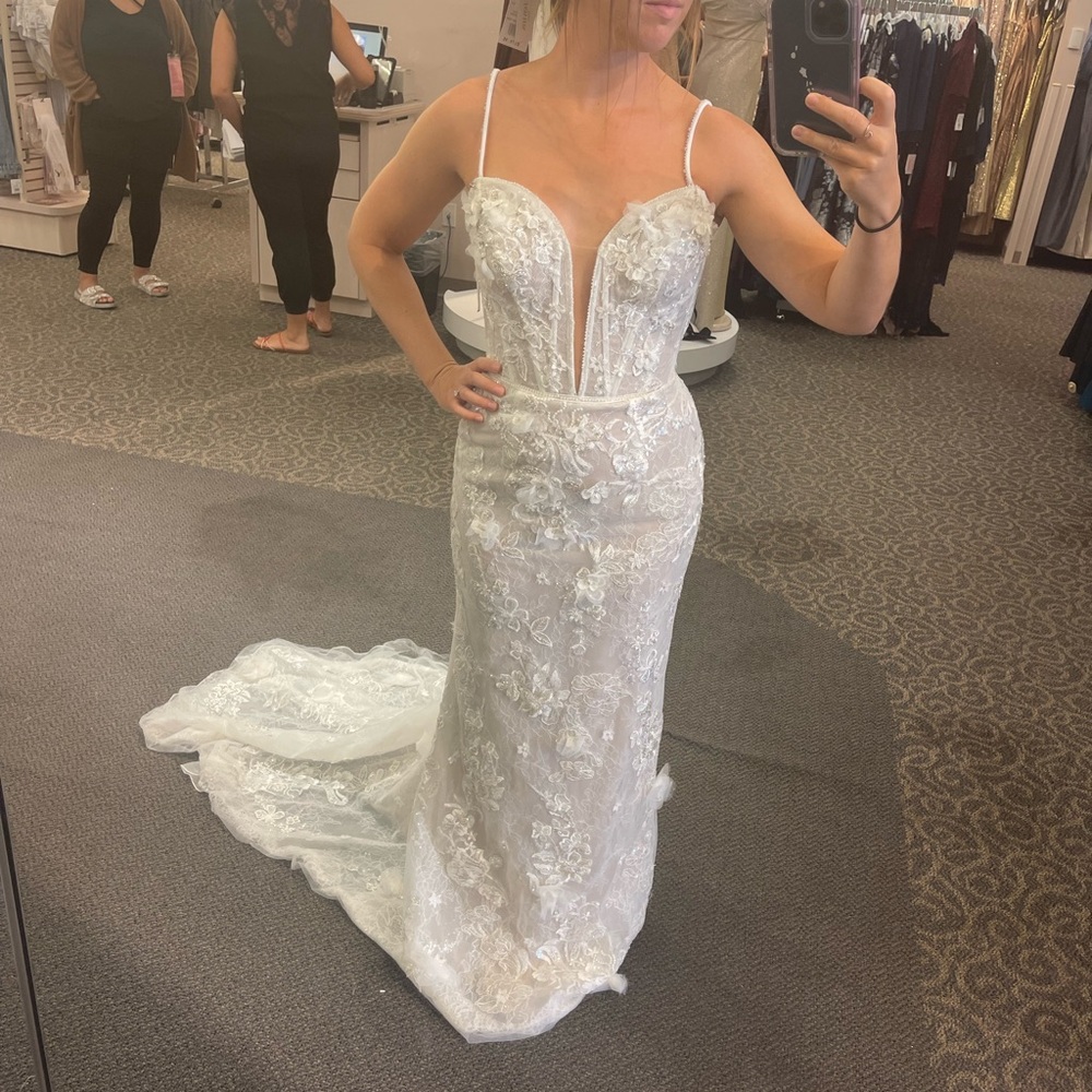 3D Floral Appliqué Plunge Sheath Wedding Dress